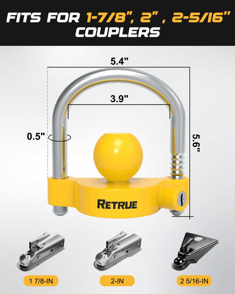 RETRUE Universal Coupler Lock Trailer Locks Ball Hitch Trailer Hitch Lock Adjustable Security Heavy-Duty Steel Fits 1-7/8 Inch, 2 Inch, 2-5/16 Inch Couplers, Bright Yellow, Light Weight - Image 2